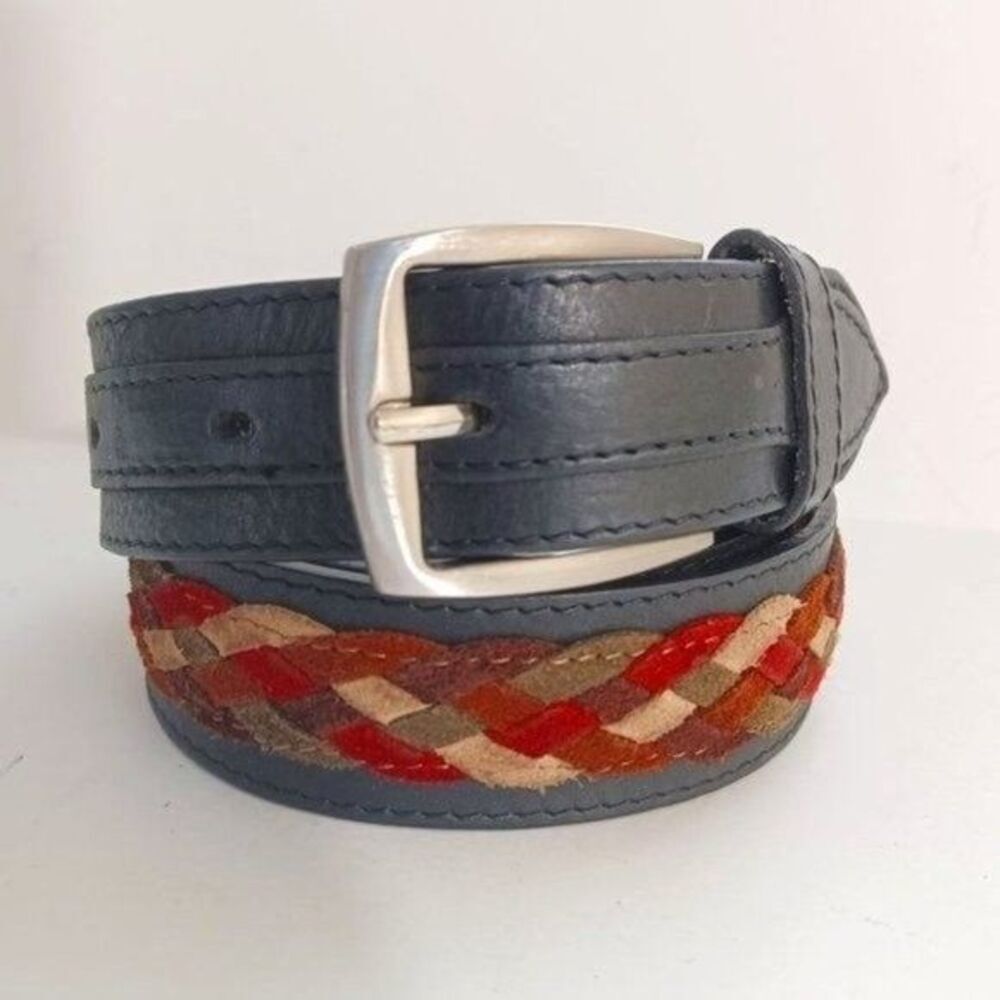 Leahter Belt Lg Western Cowgirl Boho Peasant Y2K Italy‎ Black Colorful Braided